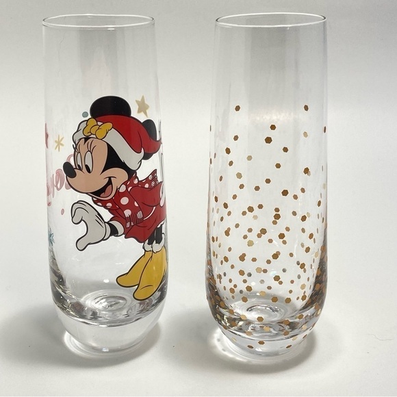 Disney Other - Disney Minnie Mouse Christmas Santa Stemless Flute glass and festive flute glass